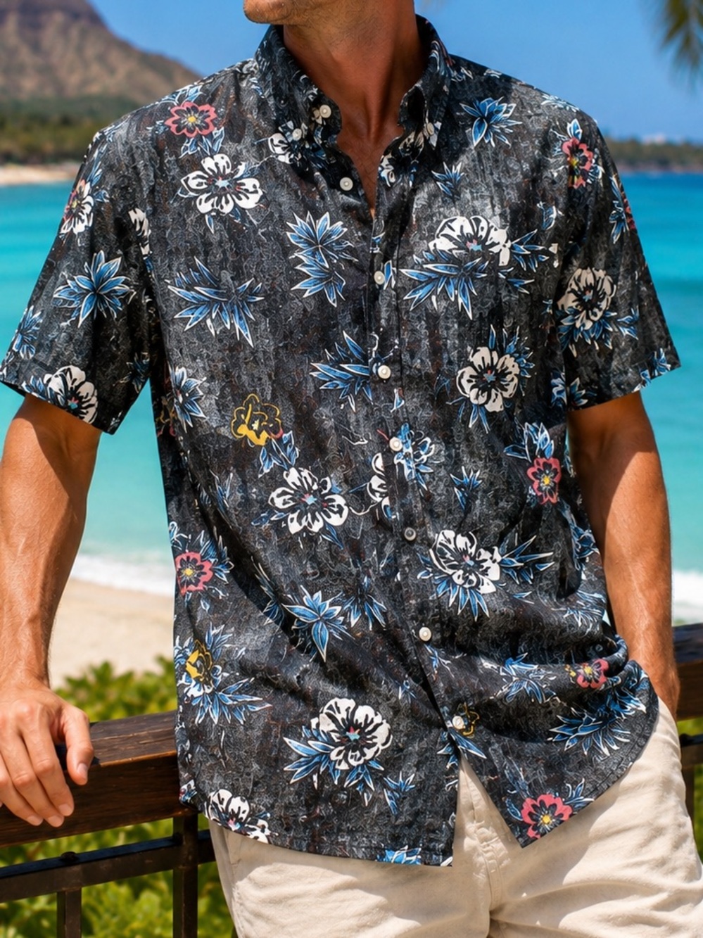 Urban Pipeline Floral Hawaiian Button Front Shirt Men’s Large Blue Tropical